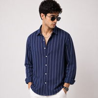 Men’s Navy Blue Striped Premium Casual Shirt Detail