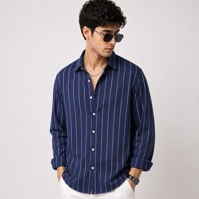 Men’s Navy Blue Striped Premium Casual Shirt